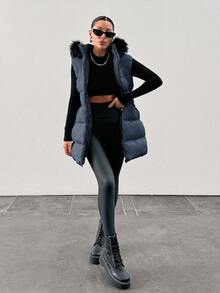 EURMUSE Fuzzy Trim Hooded Puffer Vest Coat - Dusty Blue - View 7