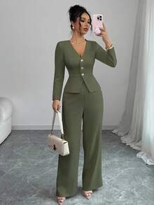 Selianne Bộ vest blazer dài tay thanh lịch và quần âu cho nữ, phong cách công sở/đi làm, phù hợp cho mùa hè, ngày độc lập, tốt nghiệp, trở lại trường - màu xanh lá - Xem 1