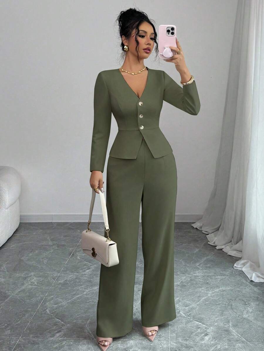 Selianne Bộ vest blazer dài tay thanh lịch và quần âu cho nữ, phong cách công sở/đi làm, phù hợp cho mùa hè, ngày độc lập, tốt nghiệp, trở lại trường - màu xanh lá - Xem 1