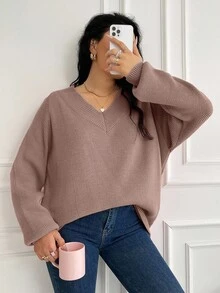EURMUSE Plus Size V Neck Raglan Sleeve Pullover Sweater, Winter - Pink - View 3