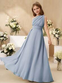 SHEIN Tween Girls Elegant Flower Girl Dress For Wedding, Ruffled Chiffon Shawl Mid-Calf Length Formal Gown For Tween Girl, Princess Style Puffy Fall Winter - Blue - View 5