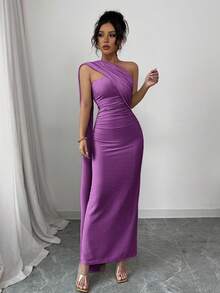 Elenzga 女士新款杏色优雅欧式高端宴会不对称裹肩性感褶皱腰修身长裙，后背高开叉闪亮针织弹力，舒适适合约会、派对、情人节 - 紫羅蘭色 - 查看 6