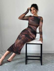 Firerie 女士优雅长袖扎染印花百褶连衣裙，扎染印花长袖修身优雅连衣裙，不对称领长袖优雅约会连衣裙，网眼弹力面料 - 彩色 - 查看 4