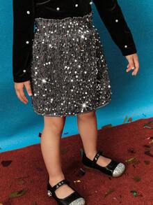 Maija Kids Young Girl Silver Velvet Sequin Casual Elegant Skirt - Silver - View 4