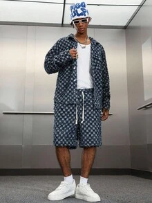 PAVTROS 男士格纹长袖夹克和抽绳腰短裤休闲牛仔套装，秋季 - 藍色 - 查看 5