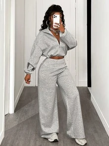 BamGleam Women's Solid Color Drop Shoulder Long Sleeve Zip Front Cropped Hoodie And Wide Leg Pants Casual 2 Pieces Set, Autumn/Winter