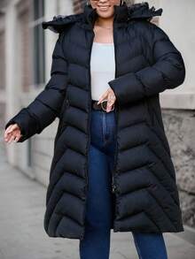 EURMUSE Plus Size Women's Zip Up Fuzzy Trim Hooded Puffer Coat, For Winter