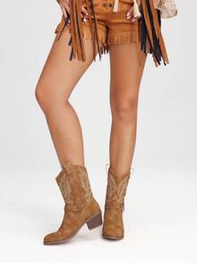 Styleloop Women's Western Embroidered Apricot Mid-Calf Boots, Comfortable For Vacation, Commute, Chunky Heel, Shark Boots For Halloween Party - Apricot - View 4