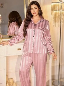 SHEIN MuseNap CURVE 加大码条纹提花撞色滚边缎面睡衣套装，上衣和裤子，秋冬舒适优雅细节 - 藕粉色 - 查看 4