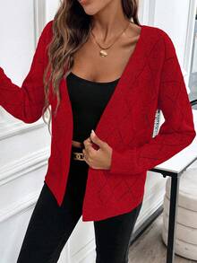 EMERY ROSE Casual Comfortable Hollow Diamond Pattern Cardigan For Women - Red - View 5