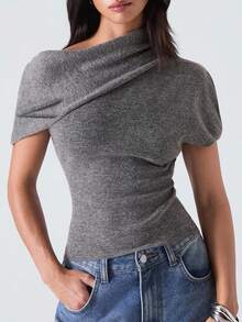 LYSMO 2025新款极简主义秋季女式纯色不对称领口褶皱修身短袖针织上衣，适合教师、机场和旅行穿着，适合外出、街头和斯德哥尔摩风格 - 灰色 - 查看 1