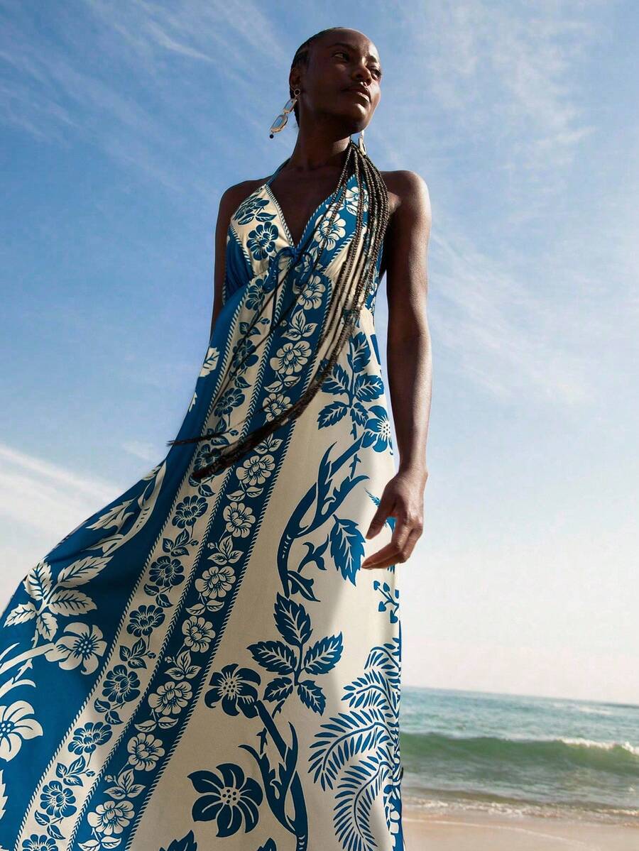 CAJUNI Đầm Maxi Đi Biển Mùa Hè Họa Tiết Hoa Và Cây Dừa Phong Cách Nhiệt Đới Boho Cho Nữ - Màu xanh lam - Xem 1