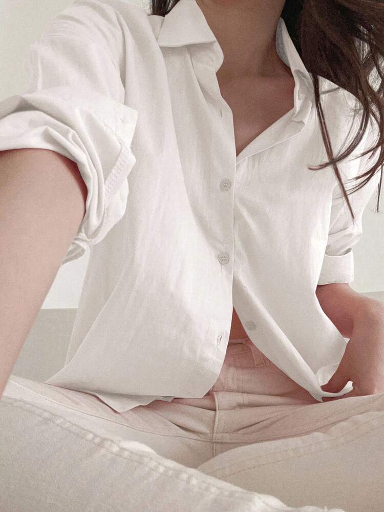 Women's Loose Solid Color Long Sleeve Single Breasted Casual Shirt,Fall Women Clothes