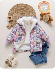 SHEIN 可爱卡通图案保暖连帽衫，百搭秋冬款，女婴设计 - 彩色 - 查看 1