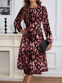 SHEIN Clasi Casual Minimalist Elegant Leopard Print Slim Fit Women Long Sleeve Dress, Autumn/ Winter Autumn And Winter Chic Dress - Pink - View 6