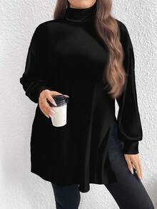 SHEIN LUNE 2 件大码高领宽松长袖黑白 T 恤套装，适合秋冬季 - 黑與白 - 查看 10
