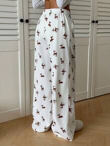 CovetEZ 女士休闲鹿纹弹力腰阔腿裤 - 米色 - 查看 5