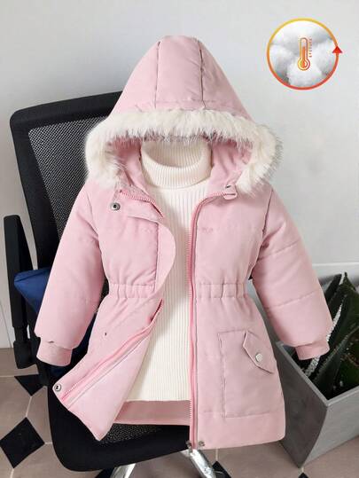 Girls Hooded Zipper Slant Pocket Padded Coat, Casual & Cute Style, Suitable For Outdoor & Indoor Wear In Winter Fall