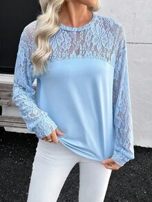 SHEIN Blusa holgada de cuello redondo con parches de encaje elegante y casual para mujeres - Azul - Ver 1