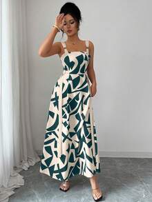 Women's Summer New Casual Spaghetti Strap Waist Flared Geometric Print Dress - Multicolor - View 4