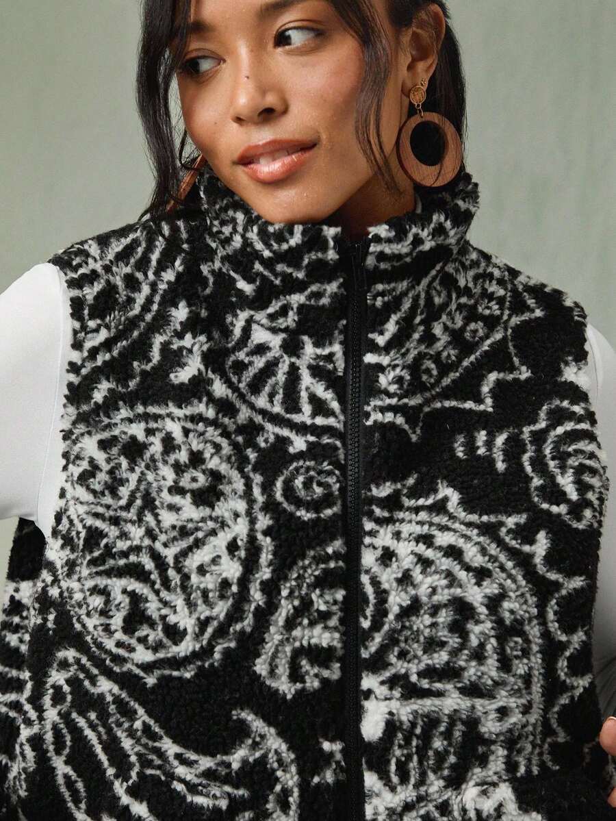 Freevana Chaqueta sin mangas con estampado de bloques de color, talla grande, para otoño/invierno