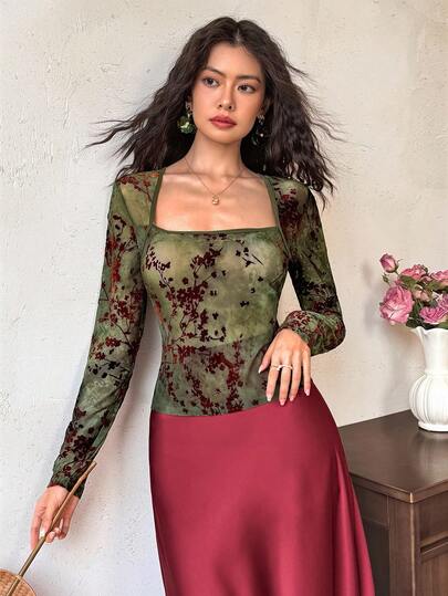 EastFlair Women's Fashion Color Block Square Neck Long Sleeve Fitted Elegant TOPS Square Collar  Chinese Style Flocked Tight Top  See-Through Mesh Top