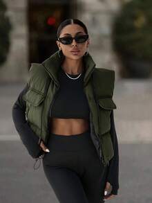 EURMUSE Zip Up Pocket Padded Vest With Pocket - Dark Green - View 1