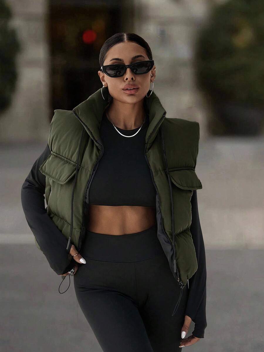 EURMUSE Zip Up Pocket Padded Vest With Pocket - Dark Green - View 1