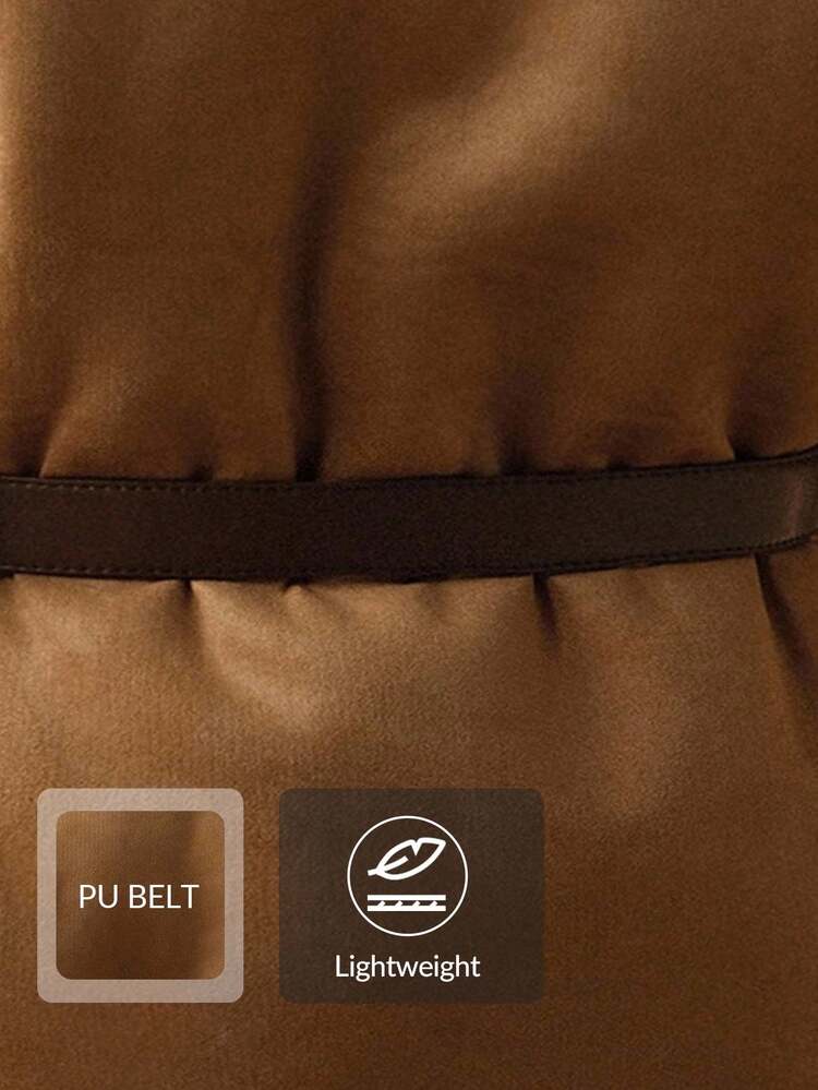 Chaleco sin mangas de piel sintética marrón con cinturón de doble hebilla en la cintura, elegante prenda exterior para fiestas formales, estilo retro chic para mujer en otoño/invierno