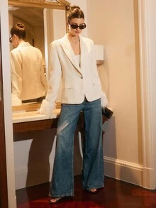 Poéselle Sequin Tweed Blazer With Dramatic Feather Cuffs – Luxe Party-Ready Suit Jacket, Feather Cuff Blazer, Sequin Tweed Jacket, White Statement Blazer, Holiday Party, Glam Power Suit, Old Money Aesthetic, Pearl Embellished Jacket, Festive Women's Blazer, Christmas , Women's Sequin Patchwork Faux Fur Trim Single-Breasted Blazer, Winter - Apricot - View 2