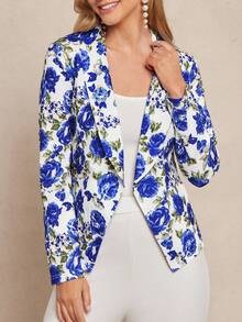 SHEIN Clasi Floral Print Open Front Blazer In Fall/Winter - Blue and White - View 5