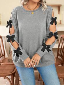 SHEIN Clasi Plus Size Crew Neck Fashion Bow Decor Hollow Out Long Sleeve Casual Sweatshirt, Pullover Fall Winter Autumn - Grey - View 3