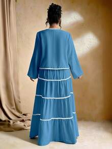 SHEIN Tall 加大码女式编织纹理长袖开衫，搭配系带腰带，撞色荷叶边下摆设计，松紧腰长裙，法式优雅浪漫两件套 - 霧霾藍 - 查看 2