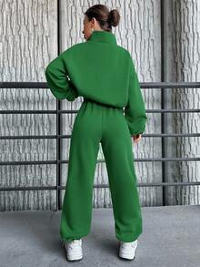 SHEIN Cottnline Cotton Letter Patched Drop Shoulder Half Zip Sweatshirt & Sweatpants - Green - View 2