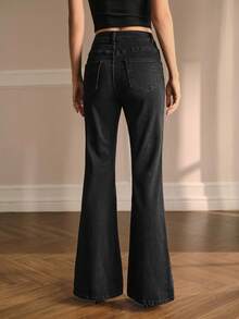 MOTF PREMIUM SOLID PLANTS PATTERN FLARE LEG JEANS WITHOUT BELT , FALL WINTER - Black - View 3