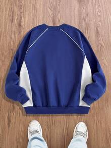 Manfinity VCAY 男式标准尺寸休闲套头衫，蓝色，正面图案印花，V 领撞色拼接，秋季、冬季 - 藍色 - 查看 2