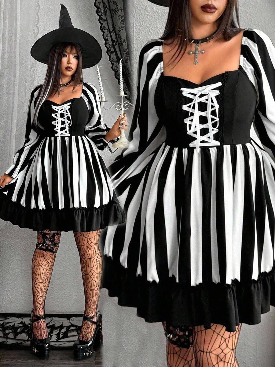 Whyspr Váy dài tay thiết kế ren, váy phồng, váy, nơ, trang trí ruy băng họa tiết sọc đen trắng phong cách Gothic tối màu cho Halloween - Đen và trắng - Xem 1