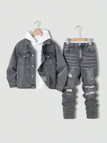 SHEIN Tween Boys' Casual Versatile All-Match Vintage Distressed Washed Comfortable Denim Set, Suitable For Daily Wear, New Arrival 2024 Fall Winter - Grey - View 3