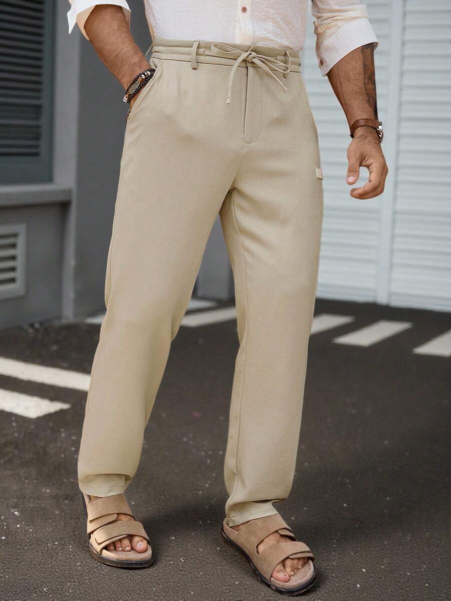 Manfinity Homme Pantalon décontracté à poche nouée de couleur unie pour hommes, polyvalent pour le port quotidien. Pantalon de jogging crème pour hommes, pour l'automne - Kaki - Voir 1