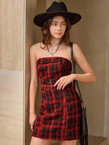 Wildy 女士时尚格子印花抹胸迷你连衣裙 - 酒紅色 - 查看 4