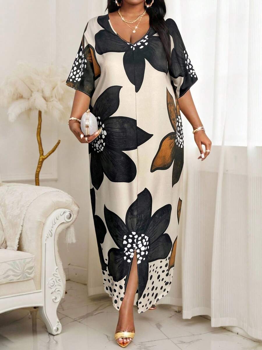 SHEIN Lady 2025 New Spring And Summer Casual Elegant Boho Colorful Woven V Neck Straight Tunic Dress Kaftan Dress Long Short Sleeve Plus Size Dresses Easter Dress Women Spring Outfits For Women Vacation Outfits Woman Beach Outfits For Woman Beach Vacation Beach Dress Boho Women Clothing Dresses For Women Casual Classy Outfits For Women Beach Vacation Outfits - Orange - View 1