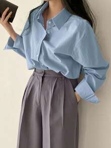 DAZY Women's Plain And Simple Long Sleeve Daily Shirt,Long Sleeve Tops,Fall Clothes - Blue - View 3