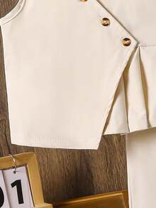 Elladie kids 女童两件套：V领无袖上衣（纽扣款）和松紧腰长裤，适合日常穿着、户外玩耍、旅行、上学、春夏假期和休闲夏季穿着。 - 杏色 - 查看 7