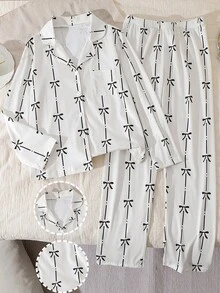 青少年女孩睡衣套装，牛奶丝开衫和短裤，阻燃，适合家居服或外套，杏色配黑色蝴蝶结，2 件 - 杏色 - 查看 3