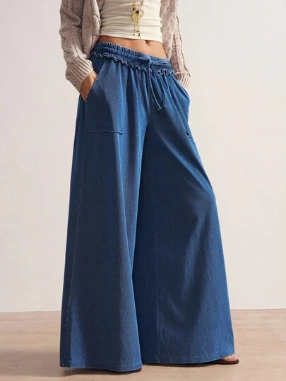 Bohemela Enfärgade jeans för kvinnor, lösa byxor för kvinnor, vida byxor, vida ben, höstbyxor, vida ben, höstkläder för kvinnor, lös passform, vida ben, jeansbyxor med dragsko i midjan och fickor, avslappnade, vardagliga jeansbyxor