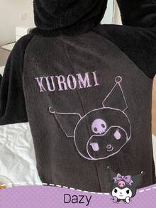 DAZY HELLO KITTY AND FRIENDS | SHEIN Flannelette Embroidery Cartoon Letter Pattern Contrast Raglan Sleeve Zip Up 3D Ears Hooded Romper Pajama - Black - View 5