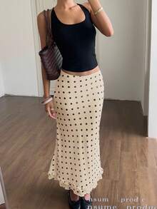 SHEIN EZwear 荷叶边波点印花修身优雅中长裙，夏季女装波点裙 波点长裙 波点鱼尾裙 波点长裙 - 杏色 - 查看 6