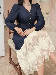 DAZY 法式复古二合一蕾丝拼布牛仔连衣裙 - 藏蓝色 - 查看 6