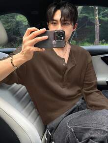 DAZY Áo thun nam vải thô trơn màu cơ bản có khóa kéo nửa - Rỉ Nâu - Xem 5