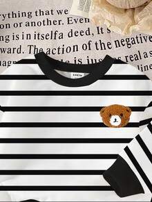 2 件套幼儿男童泰迪熊条纹印花圆领长袖运动衫和黑色裤子休闲套装，秋冬 - 彩色 - 查看 3